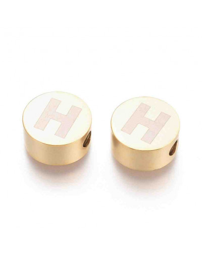 Moneda con letra H. Acero inoxidable. Color dorado. 10 mm diámetro. 4,5 mm grosor. 2 mm perforación.