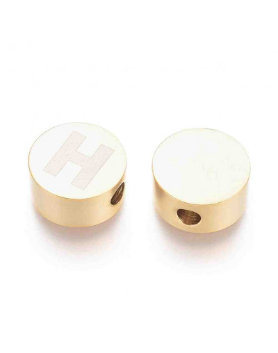 Moneda con letra H. Acero inoxidable. Color dorado. 10 mm diámetro. 4,5 mm grosor. 2 mm perforación.