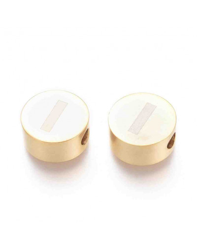 Moneda con letra I. Acero inoxidable. Color dorado. 10 mm diámetro. 4,5 mm grosor. 2 mm perforación.