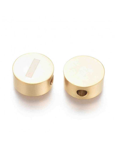 Moneda con letra I. Acero inoxidable. Color dorado. 10 mm diámetro. 4,5 mm grosor. 2 mm perforación.