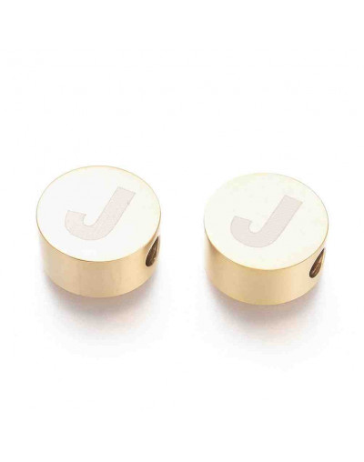 Moneda con letra J. Acero inoxidable. Color dorado. 10 mm diámetro. 4,5 mm grosor. 2 mm perforación.
