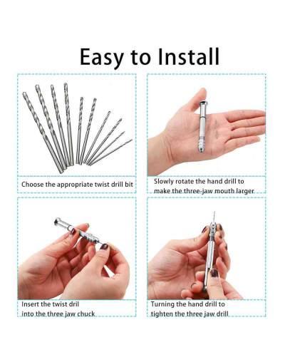 Taladro manual. Mango de aleación. 89x14 milímetros. 10 brocas de acero. 1 Set. Taladro manual. Mango de aleación. 89x14 milímetros. 10 brocas de acero. 1 Set.