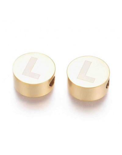 Moneda con letra L. Acero inoxidable. Color dorado. 10 mm diámetro. 4,5 mm grosor. 2 mm perforación.