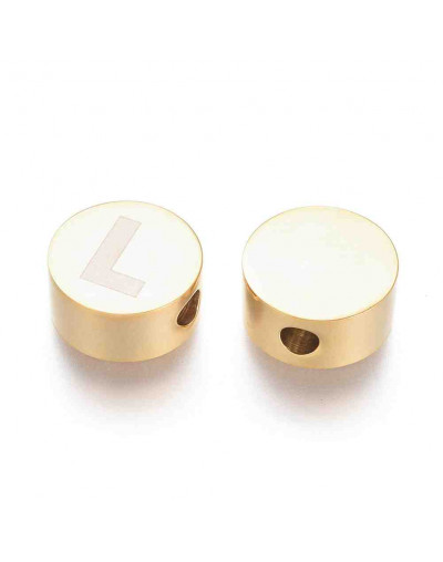 Moneda con letra L. Acero inoxidable. Color dorado. 10 mm diámetro. 4,5 mm grosor. 2 mm perforación.