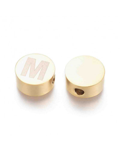 Moneda con letra M. Acero inoxidable. Color dorado. 10 mm diámetro. 4,5 mm grosor. 2 mm perforación.