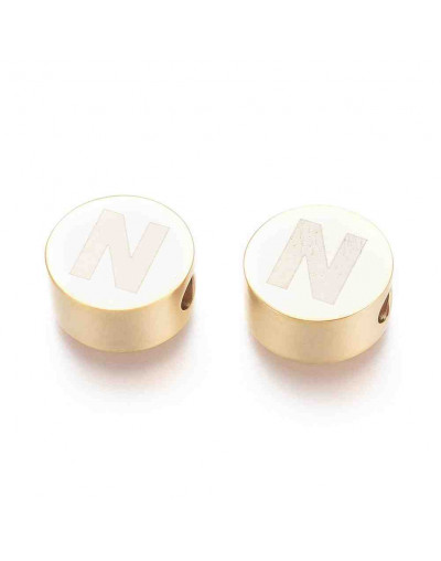 Moneda con letra N. Acero inoxidable. Color dorado. 10 mm diámetro. 4,5 mm grosor. 2 mm perforación.