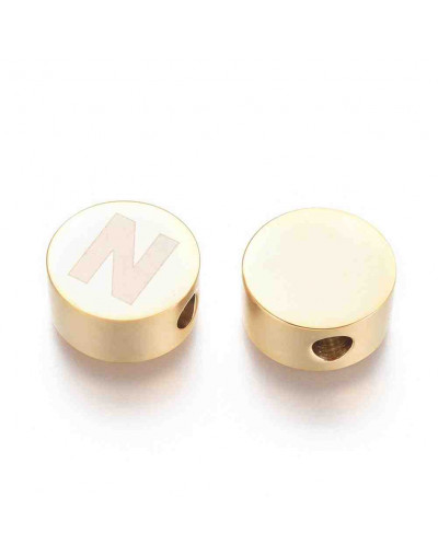 Moneda con letra N. Acero inoxidable. Color dorado. 10 mm diámetro. 4,5 mm grosor. 2 mm perforación.
