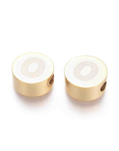 Moneda con letra O. Acero inoxidable. Color dorado. 10 mm diámetro. 4,5 mm grosor. 2 mm perforación.