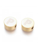 Moneda con letra P. Acero inoxidable. Color dorado. 10 mm diámetro. 4,5 mm grosor. 2 mm perforación. Moneda con letra P. Acero inoxidable. Color dorado. 10 mm diámetro. 4,5 mm grosor. 2 mm perforación.