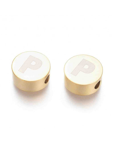 Moneda con letra P. Acero inoxidable. Color dorado. 10 mm diámetro. 4,5 mm grosor. 2 mm perforación.