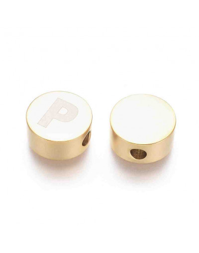 Moneda con letra P. Acero inoxidable. Color dorado. 10 mm diámetro. 4,5 mm grosor. 2 mm perforación.
