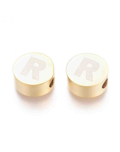 Moneda con letra R. Acero inoxidable. Color dorado. 10 mm diámetro. 4,5 mm grosor. 2 mm perforación.