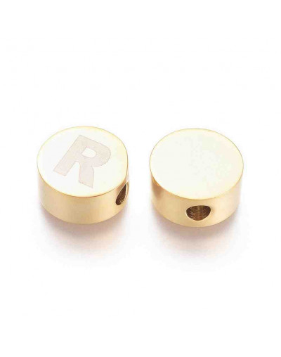 Moneda con letra R. Acero inoxidable. Color dorado. 10 mm diámetro. 4,5 mm grosor. 2 mm perforación.