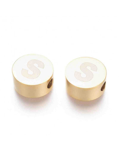 Moneda con letra S. Acero inoxidable. Color dorado. 10 mm diámetro. 4,5 mm grosor. 2 mm perforación.