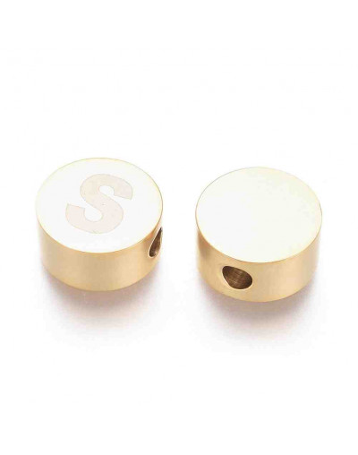 Moneda con letra S. Acero inoxidable. Color dorado. 10 mm diámetro. 4,5 mm grosor. 2 mm perforación.