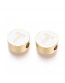 Moneda con letra T. Acero inoxidable. Color dorado. 10 mm diámetro. 4,5 mm grosor. 2 mm perforación.