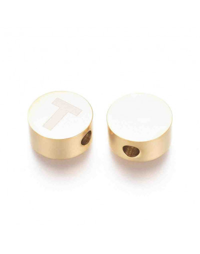 Moneda con letra T. Acero inoxidable. Color dorado. 10 mm diámetro. 4,5 mm grosor. 2 mm perforación.