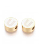 Moneda con letra U. Acero inoxidable. Color dorado. 10 mm diámetro. 4,5 mm grosor. 2 mm perforación.