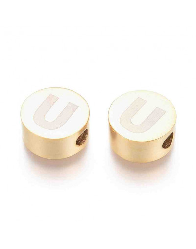Moneda con letra U. Acero inoxidable. Color dorado. 10 mm diámetro. 4,5 mm grosor. 2 mm perforación.