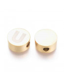 Moneda con letra U. Acero inoxidable. Color dorado. 10 mm diámetro. 4,5 mm grosor. 2 mm perforación.