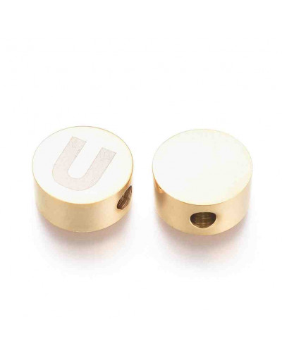 Moneda con letra U. Acero inoxidable. Color dorado. 10 mm diámetro. 4,5 mm grosor. 2 mm perforación.