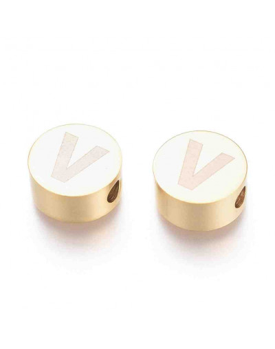 Moneda con letra V. Acero inoxidable. Color dorado. 10 mm diámetro. 4,5 mm grosor. 2 mm perforación.