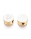 Moneda con letra V. Acero inoxidable. Color dorado. 10 mm diámetro. 4,5 mm grosor. 2 mm perforación.