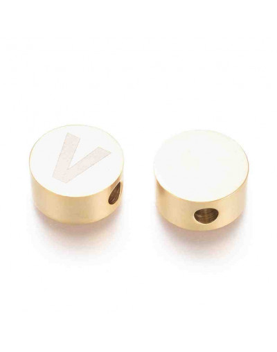 Moneda con letra V. Acero inoxidable. Color dorado. 10 mm diámetro. 4,5 mm grosor. 2 mm perforación.