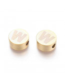 Moneda con letra W. Acero inoxidable. Color dorado. 10 mm diámetro. 4,5 mm grosor. 2 mm perforación.