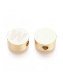 Moneda con letra W. Acero inoxidable. Color dorado. 10 mm diámetro. 4,5 mm grosor. 2 mm perforación.