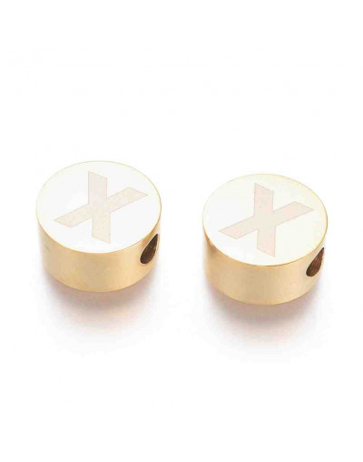 Moneda con letra X. Acero inoxidable. Color dorado. 10 mm diámetro. 4,5 mm grosor. 2 mm perforación.