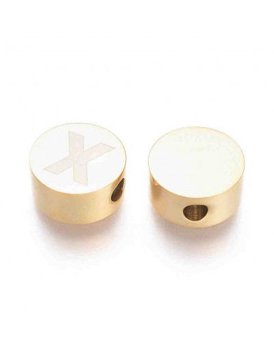 Moneda con letra X. Acero inoxidable. Color dorado. 10 mm diámetro. 4,5 mm grosor. 2 mm perforación.