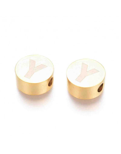 Moneda con letra Y. Acero inoxidable. Color dorado. 10 mm diámetro. 4,5 mm grosor. 2 mm perforación.