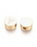 Moneda con letra Y. Acero inoxidable. Color dorado. 10 mm diámetro. 4,5 mm grosor. 2 mm perforación.