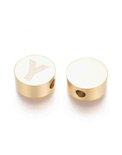 Moneda con letra Y. Acero inoxidable. Color dorado. 10 mm diámetro. 4,5 mm grosor. 2 mm perforación.