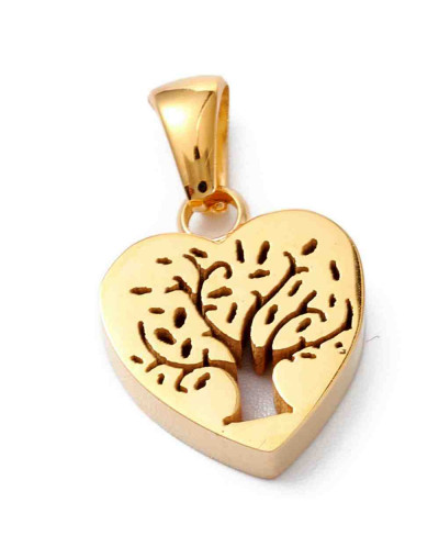 Corazón+Arbol. Acero inoxidable. Color dorado. 15x14x3,2 milímetros. 5x3 mm cierre collar. 1 unidad.