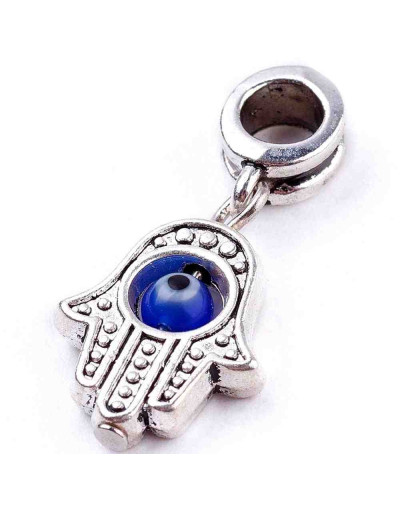 European Beads. Mano fátima+ojo turco. Aleación. Color plata antigua. 27 mm. 4 mm perforación. 2 uds