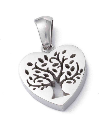 Corazón+Arbol. Acero inoxidable. Color plateado. 15x14x3,2 mm. 5x3 mm cierre collar. 1 unidad.