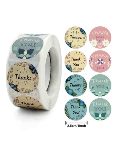 Stickers. "Thank you" (7). 8 diseños. 25 milímetros diámetro. 500 stickers por rollo. 1 unidad.
