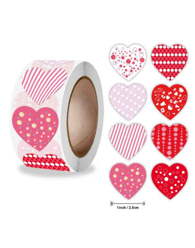 Stickers. Corazones (1). 8 diseños. 25 milímetros. 500 stickers por rollo. 1 unidad.