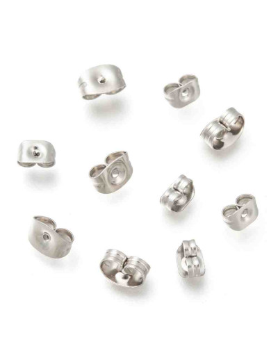 Cierres para pin aretes. Acero inoxidable. Color plateado. 4,5x6x3 mm. 0,7 mm perforación. 20 uds.