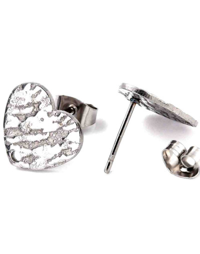 Pin para aretes con cierre. Corazón. Acero inoxidable. Color plateado. Pin 12x13 milímetros. 2 uds.
