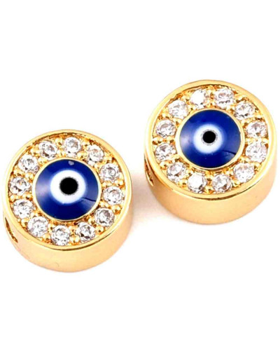 Ojo turco. Aleación+Zirconia. Baño 18k Gold. 9,5x5,5 milímetros. 2,5 mm perforación. 1 unidad.