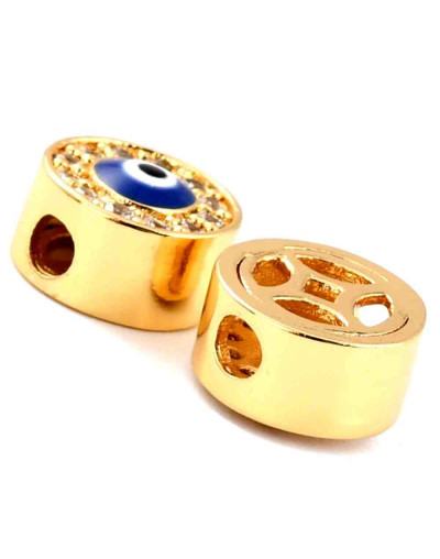 Ojo turco. Aleación+Zirconia. Baño 18k Gold. 9,5x5,5 milímetros. 2,5 mm perforación. 1 unidad.