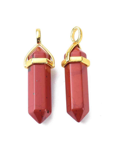 Jásper rojo. Engarce de aleación. Color dorado. 35 milímetros. 3x4,5 perforación. 1 unidad.