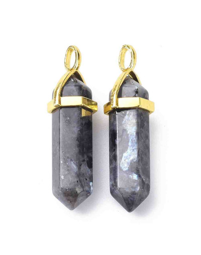 Labradorita. Engarce de aleación. Color dorado. 35 milímetros. 3x4,5 perforación. 1 unidad.