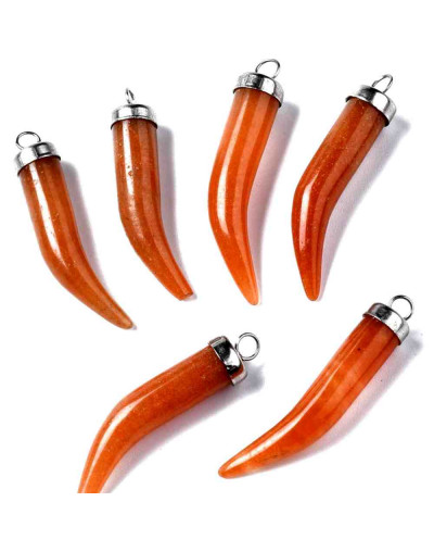 Aventurina naranja. Aleación. Color plateado. Colmillo. 35x6 milímetros. 2,5 mm perforación. 1 ud.