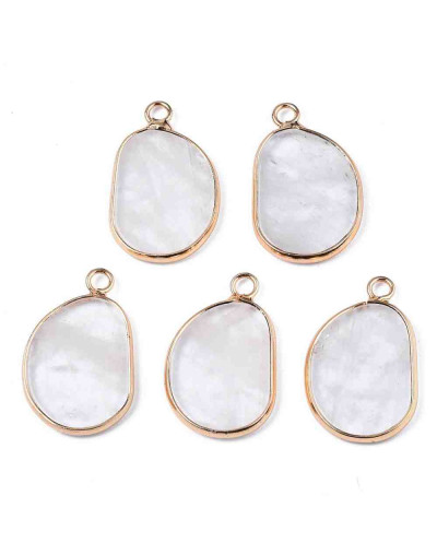 Cuarzo cristal. Aleación de cobre. Color dorado. 25,5x16x2 milímetros. 2,5 mm perforación. 1 ud.