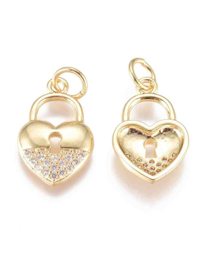 Candado+corazón (2). Aleación+Zirconia. Baño 18K Gold. 15x10x2,5 mm. 3,6 mm arandela.