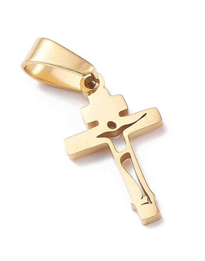 Cruz. Acero inoxidable. Color dorado. 21x12x1,5 milímetros. 3,5x7 mm cierre collar. 1 unidad.